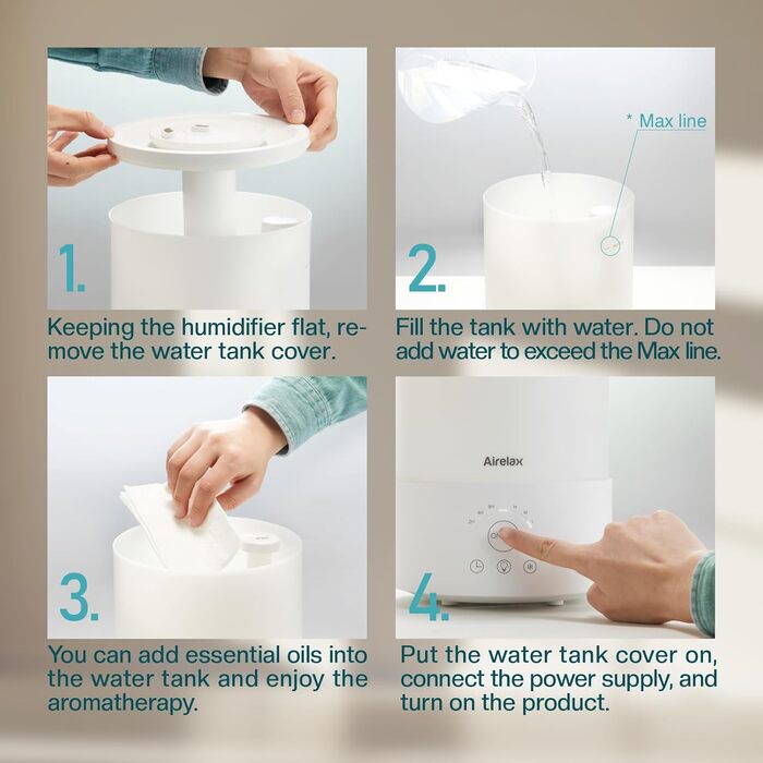 Зволожувач повітря Airelax 2.5л, Ультразвуковий, Зволожувач для спальні з подвійним розпиленням 360°, Тихий (23дБ), Аромадифузор з режимом сну, Автовимкнення