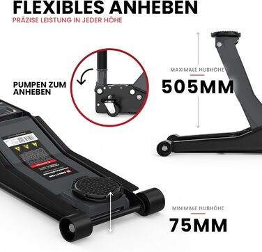 Гідравлічний домкрат 3T низькопрофільний 75-505мм з гумовими накладками для легкових авто та SUV – професійний, посилений, з роликами 360° (антрацит)