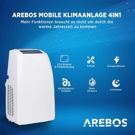 Мобільний кондиціонер Arebos 4в1 12 000 BTU/год 3 режими швидкості Кондиціонер Очищувач повітря Клімат Вентилятор з дистанційним керуванням Повітроохолоджувач Осушувачі повітря Нічний режим Білий