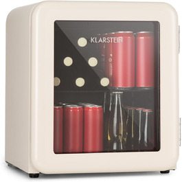 Klarstein Mini Холодильник з скляними дверцятами, 48L, для кімнати та офісу, з висувною полицею, тихий, 0-10°C, 48 літрів, Клас енергоефективності E, кремовий