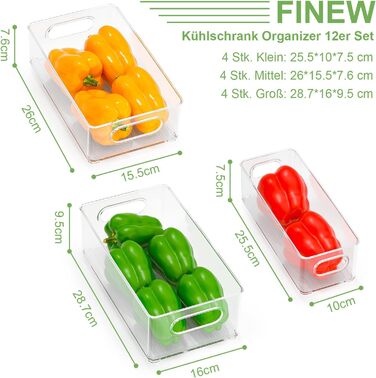 Організатор для холодильника FINEW, 12 шт. (4 маленькі, 4 середні, 4 великі), прозорі контейнери для зберігання, BPA free