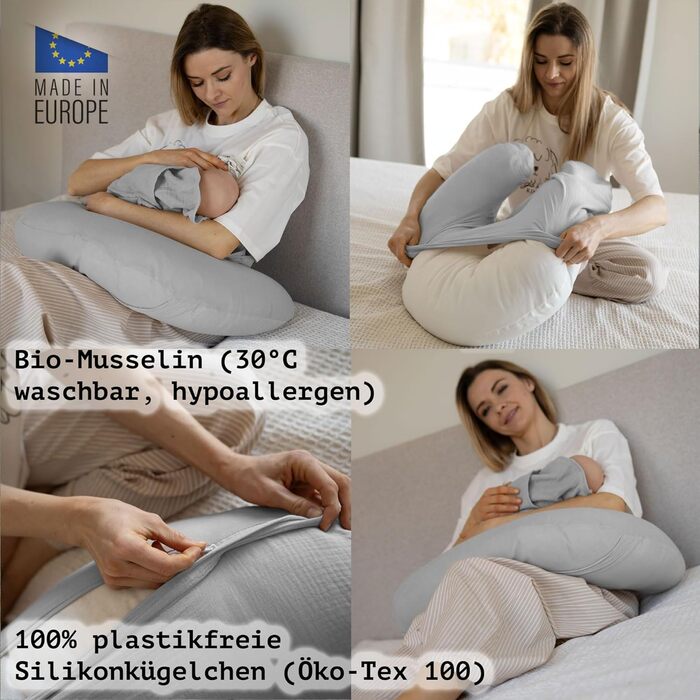 Подушка для годування та вагітності PaLulli XL (170x30 см), органічна бавовна, мусліновий чохол, сіра