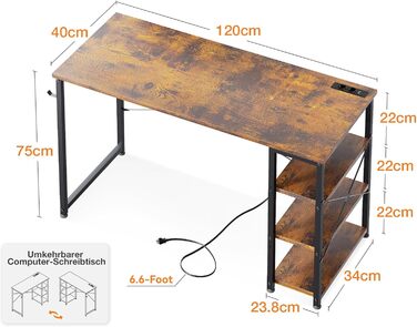 Письмовий стіл ODK, Комп'ютерний стіл з розетками, USB і Type C, полиця, 120x40x75см, коричневий