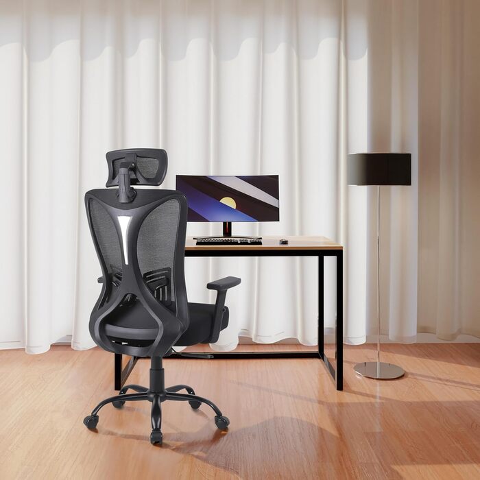 Ергономічне офісне крісло TITANO-Стілець з регульованою висотою, поперековою підтримкою, підголівником, підлокітниками та функцією гойдалки, піна з ефектом пам'яті 12 см Вантажопідйомність 150 кг (чорний)