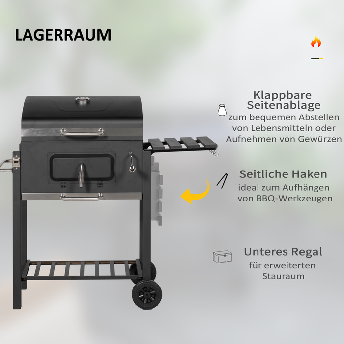Grillwagen Outsunny для вугілля, BBQ, Standgrill, нержавіюча сталь, чорний, 113x65x108 см для саду та тераси