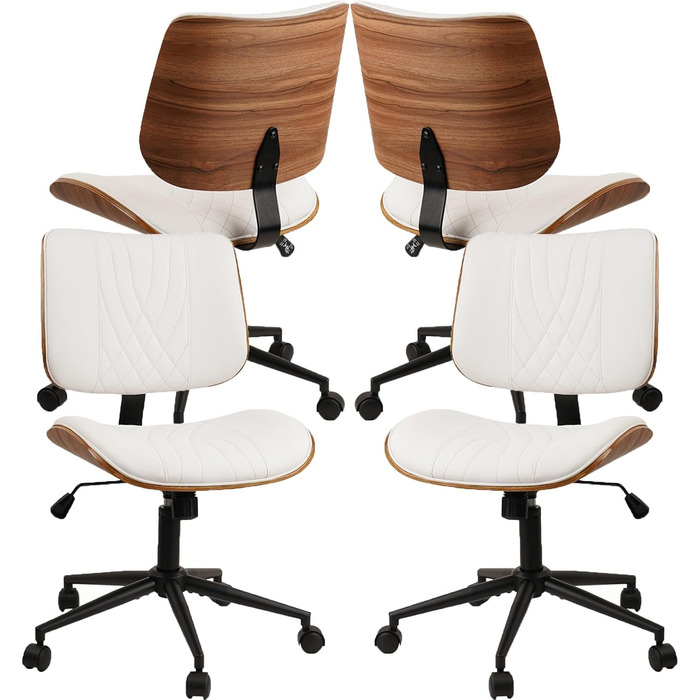 Крісло офісне без підлокітників Clatina з роликами, регульоване по висоті, шкіряне, поворотне, для комп'ютера, середньою спинкою, сучасний стиль горіхового дерева, для home office, робочого кабінету, конференц-залу, біле (білий, набір 4 шт.)