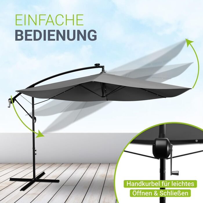 Парасолька від сонця Juskys Ampelschirm Brazil з LED-підсвіткою, сонячною панеллю та ручкою, 300 см, сіра — водовідштовхуюча, з UV-захистом та чохлом