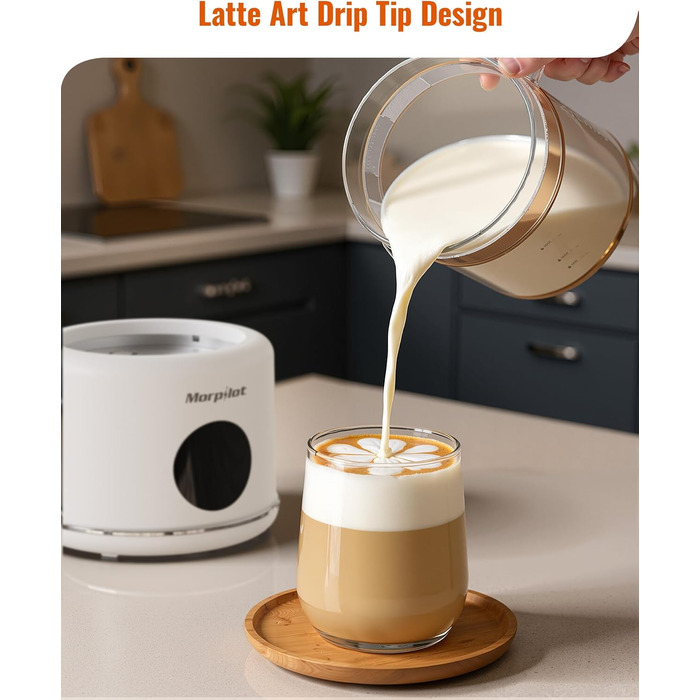 Електричний спінювач молока Morpilot 6-в-1: для капучіно, лате, гарячого шоколаду, 130-500мл, 600W, скляний, для миття в посудомийній машині