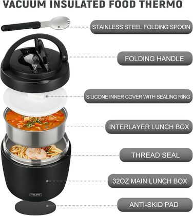 Термоконтейнер для їжі Itslife 970мл, термоконтейнер з кришкою, з нержавіючої сталі з ложкою, термотермос для їжі, ланч-бокс для супів, дитячого харчування, каші (зелений) (чорний)