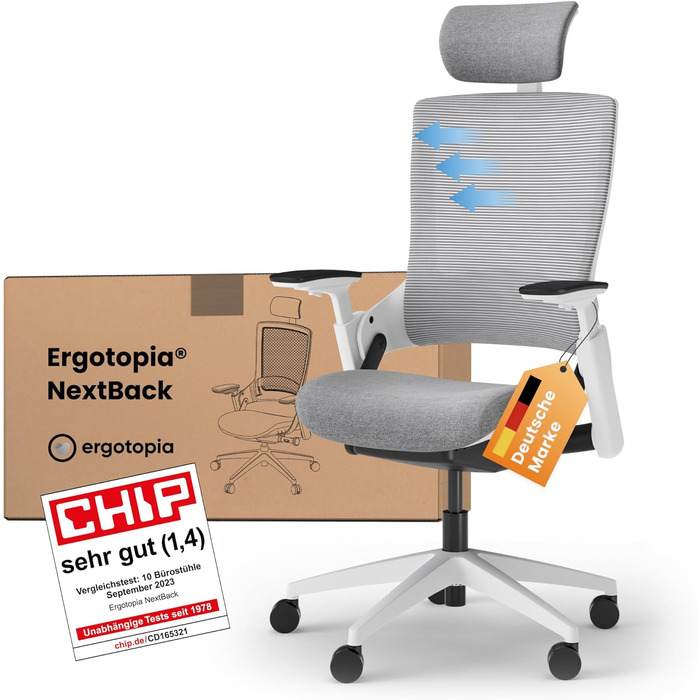 Ergotopia NextBack: ергономічне крісло для офісу з підтримкою спини | Крісло для роботи з підголівником та підлокітниками | 5 років гарантії (сірий/білий)