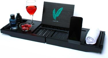 Підставка для ванни Lagune Premium з бамбука (чорна) з шкіряними ручками, для свічок, келихів, книг, планшетів, iPad та телефонів