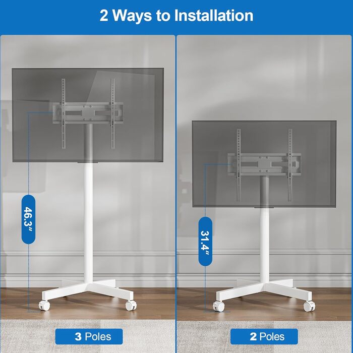 Мобільний телевізійний візок HOLMAXD: регульований стійкий стенд для телевізорів 58-165 см (23-65 дюймів), до 50 кг, з нахиленою підставкою, білий, для саду