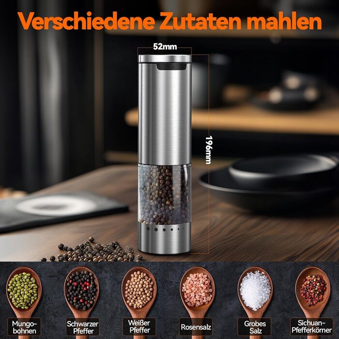 Електричні воксайон (VOXON) набори для солі та перцю (2 шт.) з USB-зарядкою, велика ємність, регулювання помелу, керамічний млин, LED-підсвітка, для барбекю, ресторану, кухні, сріблясті