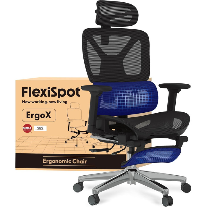 Офісний стіл FLEXISPOT ErgoX з регульованою спинкою, підлокітниками та підголівником, чорний (з підставкою для ніг), Lite