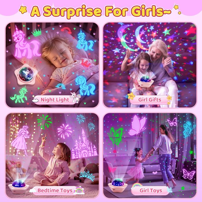 Проєктор зоряного неба One Fire Sternenhimmel для дітей: 96 режимів + 6 фільмів, нічник, обертання 360°, рожевий, з пультом ДУ, подарунок для дівчаток 1-9 років