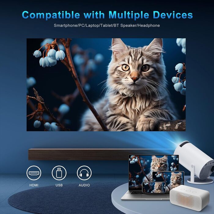 Портативний проєктор Mini Beamer 4K з підтримкою WiFi 6 та Bluetooth 5.4. Підходить для Android 11, HDMI, TV Stick, Laptop. Автоматичне регулювання Keystone, обертання 360°. Модель HY300PRO