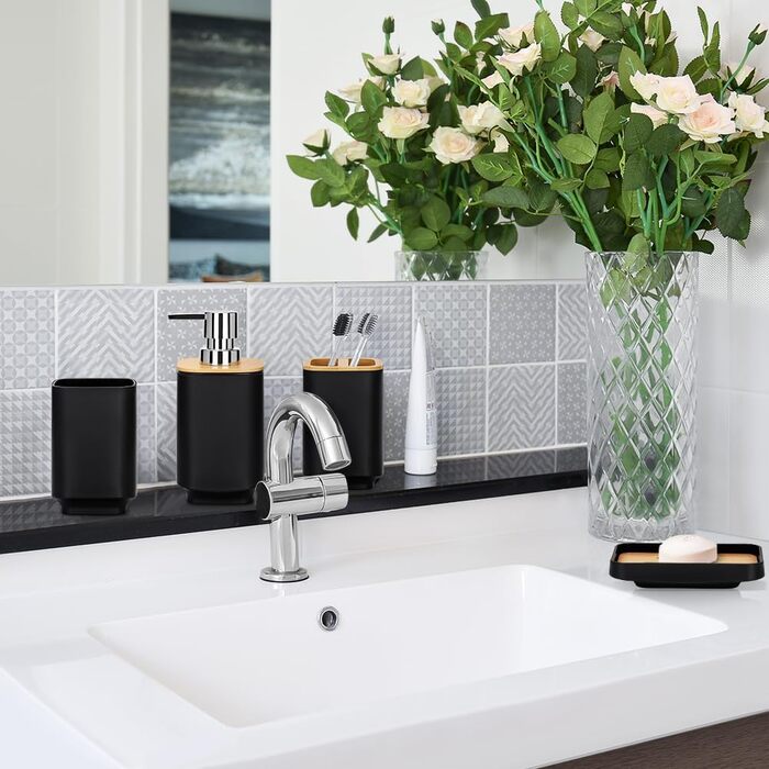 Набір аксесуарів для ванної кімнати JOTOM 6 шт. з бамбука, чорний: мильниця, дозатор мила, тримач для зубних щіток, стакан, сміттєве відро