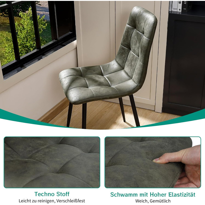 Набір з 4 кухонних стільців Techno, оббивка з тканини, м'які стільці з чорними металевими ніжками, оливковий колір