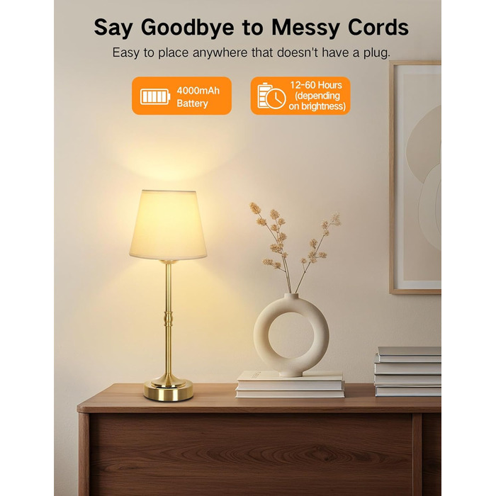 OUTON Настільна лампа бездротова, 2 шт. – диммування, 3 кольори світла, 4000mAh, USB-C, 60 год роботи, золота для спальні, вітальні, їдальні