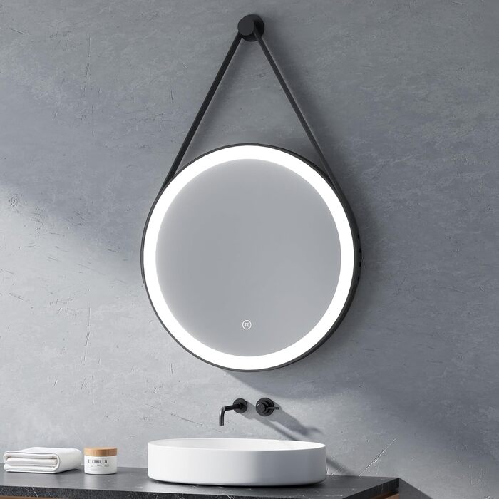 Круглий дзеркало для ванної кімнати з підсвічуванням 60см, LED дзеркало з регулюванням яскравості, сенсорне керування, чорна рама, знімна стрічка, 6500K (холодне світло)