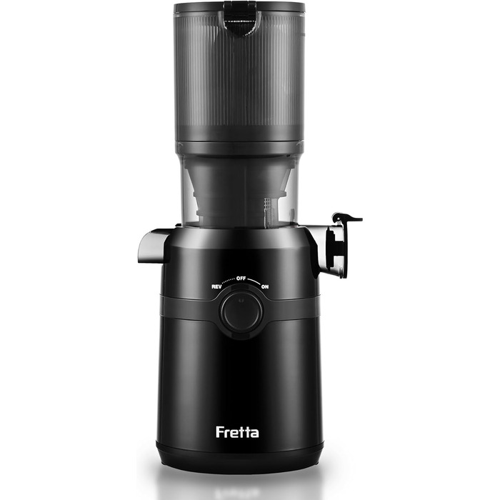 Фреш-прес Fretta Slow Juicer: повільний відцентровий соковичавник, 200W, великий завантажувальний отвір 108 мм, BPA-free Tritan, легке очищення (чорний)