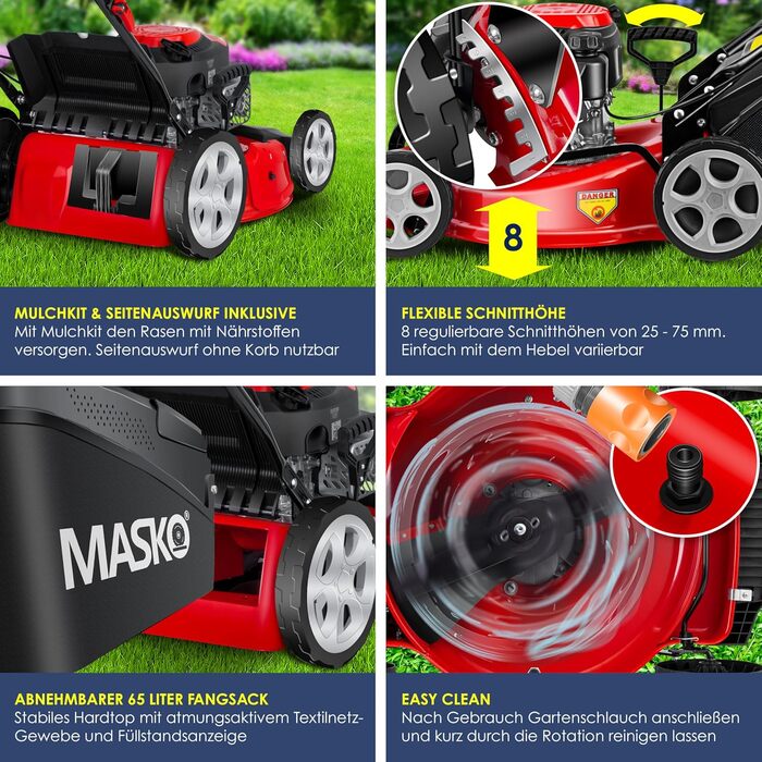 Бензинова газонокосилка MASKO® 5в1 | Ширина косіння 51 см | 8 положень висоти стрижки | 4-тактний OHV двигун 6.0 PS | Об'єм кошика 65 літрів | З набором для мульчування, бічний викид | Червоний / Чорний