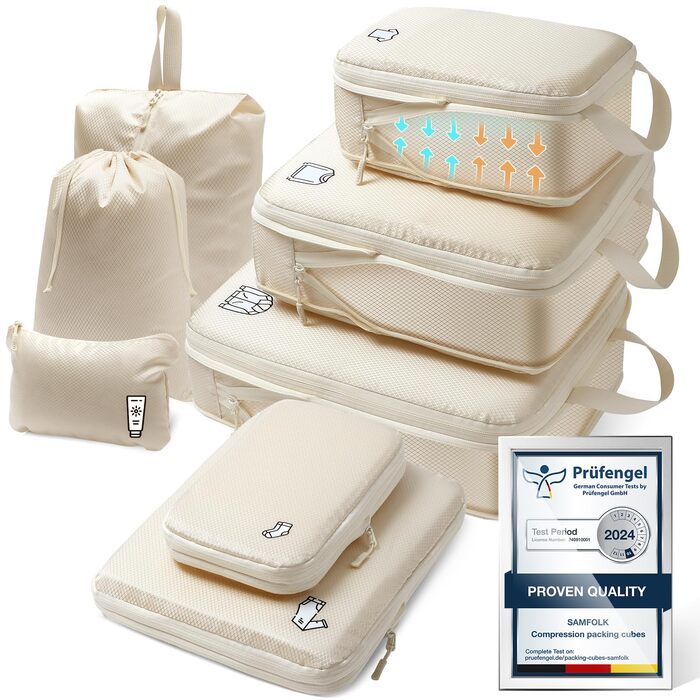 Набір органайзерів для подорожей у валізу з компресією, 8 шт, водонепроникні пакувальні куби для ручної поклажі та рюкзака, бежевий