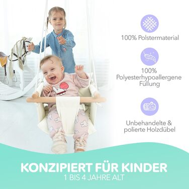 Дерев'яна гойдалка для малюків Cateam - ідеальна для дому та саду. З безпечним ремінцем, від 12 місяців. Елегантно-кремовий колір.