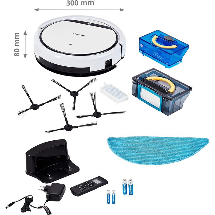 Робот-пилосос MEDION з функцією миття підлоги E32 SW (робот-пилосос 2в-1 для підлоги, плитки, алергії на шерсть домашніх тварин, пульт дистанційного керування, зарядна станція) Модель 2021 Хронометраж 120 хв