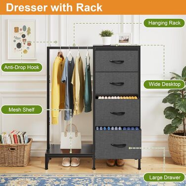 Комод 111 см з 4 висувними ящиками з тканини, шафа для одягу, комод для спальні, вітальні, передпокою, сірий (30T x 76.5B x 111H см)