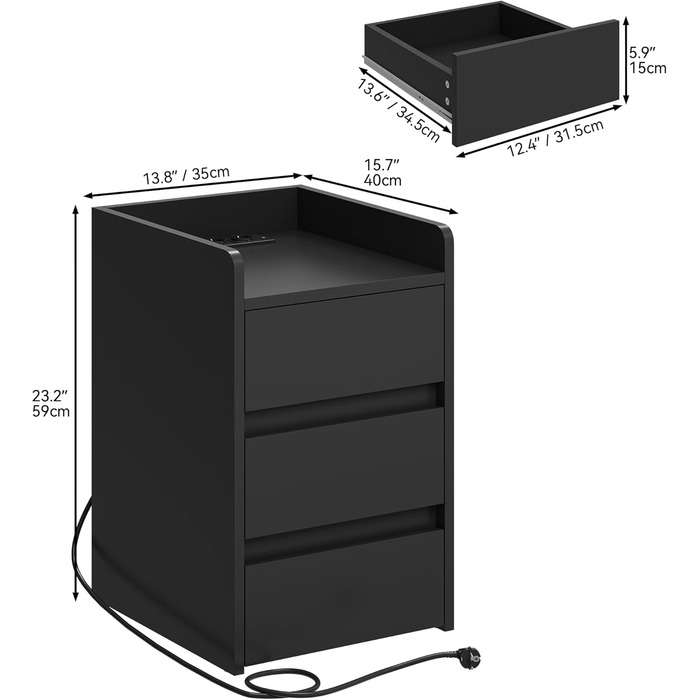 Тумбочка YITAHOME з 3 ящиками, зарядна станція, USB, розетки, водонепроникна, 35x40x60см (чорна)