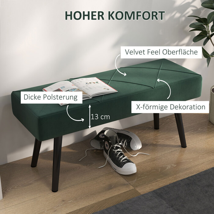 HOMCOM М'яка лавка Velvet Look Ліжко Лавка для передпокою X-Pattern до 120 кг для спальні 100x36x45 см в зеленому кольорі