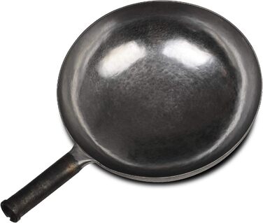 ЧженьСаньХуань Чавунна сковорода вок з ручним молотком з круглим дном, діаметром 36 см, залізною ручкою з силіконовою захисною кришкою та ручкою (30 см, сріблястий колір)