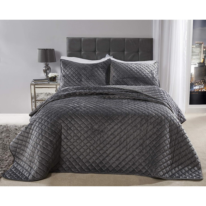 Покривало Емми Барклай в стилі регент, стьобане, м'яке, оксамитове, для двоспального ліжка, сріблястого кольору, для двоспального ліжка, сріблясте