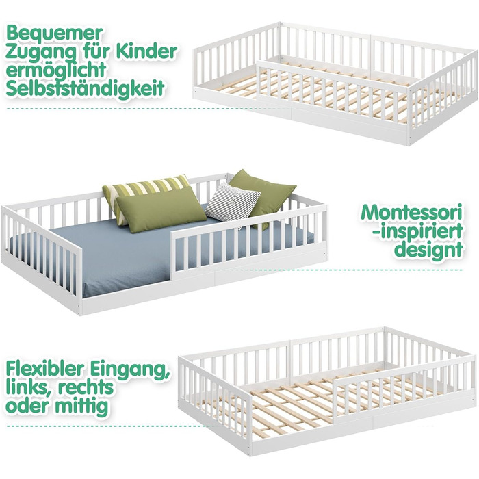 Ліжко дитяче CADANI Timi 2в1 Montessori 120x200 см з бортиками, ламелі, масив сосни, біле - 3 варіанти збірки, до 200 кг