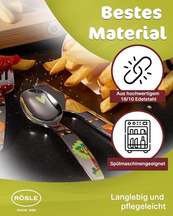 Дитячий набір столових приборів RÖSLE 'Waldfreunde' (4 шт.) з нержавіючої сталі 18/10, для дітей від 3 років, придатний для миття в посудомийній машині, чудовий подарунок на хрещення для хлопчиків та дівчаток