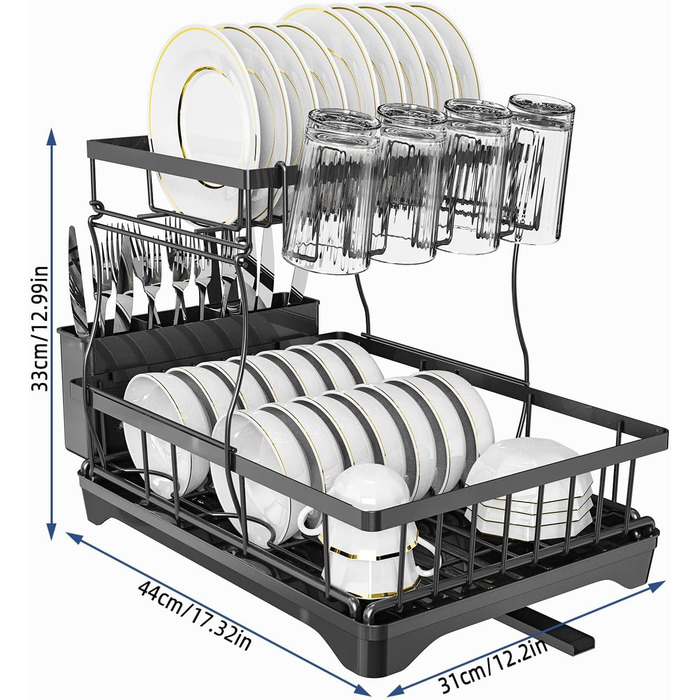 Рівневий сушарка з нержавіючої сталі з тримачем для посуду та піддоном для крапель, чорний, 2-