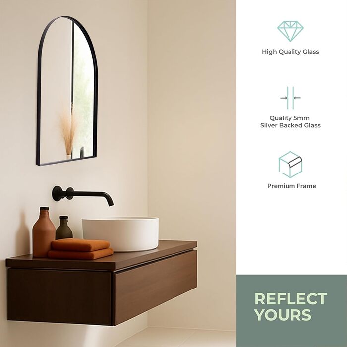 Дзеркало для ванної кімнати Arched Frame® Premium з золотою рамою, настінне, сучасне, стильне (50x40 см), матовий чорний, 70x50 см