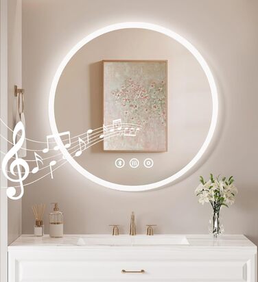 Дзеркало для ванної кімнати Habison з підсвічуванням LED, 70x70 см, з годинником, сенсорним вимикачем, регулюванням яскравості, запобіганням запотіванню та 3-х рівневим збільшенням.