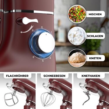 Кухонна машина з тістомісом та машиною для пасти – 2000W, з нержавіючою чашею 6.2L (червона)