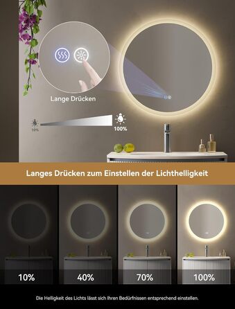 Дзеркало для ванної кімнати HOROW круглої форми з підсвічуванням, 80 см, LED, регулювання кольору світла (холодне, тепле, нейтральне), диммування, антизапар, без рами, IP44, енергозберігаюче (60x60 см)