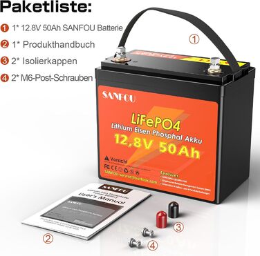 Акумулятор SANFOU 12V 50Ah LiFePO4, 1280 Втгод, BMS 50А, 5000-15000 циклів, для автофургонів