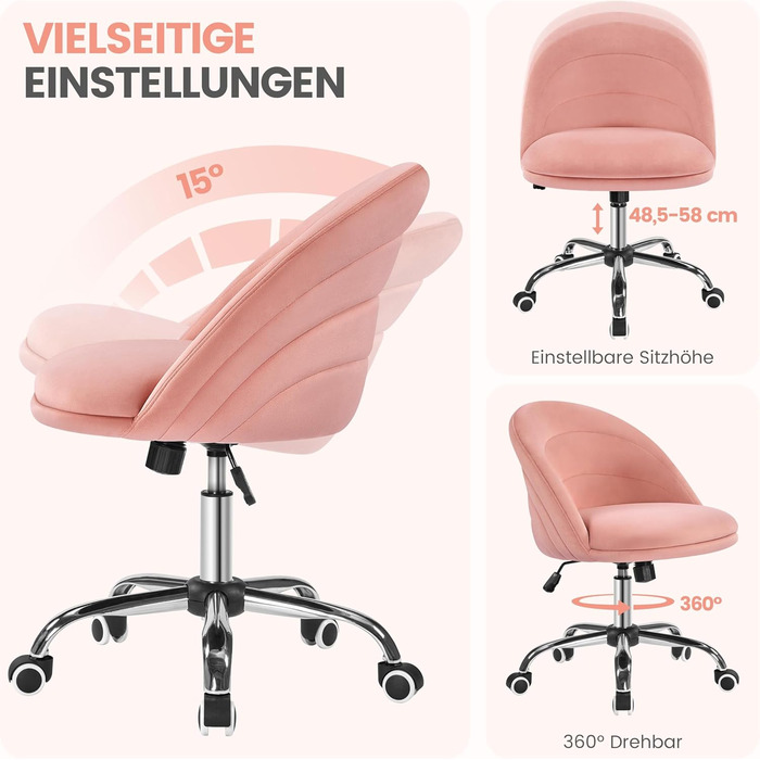 Крісло Yaheetech для дому та офісу: регульоване, обтягнуте велюром, з поворотним механізмом, до 136 кг, білий/рожевий