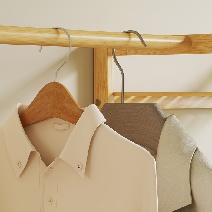 Етажерка для одягу з полицею для взуття, гачками для одягу, вішалкою для пальто, лавкою з подушкою – ідеальне рішення для передпокою або вхідної зони. Виготовлена з натурального дерева.