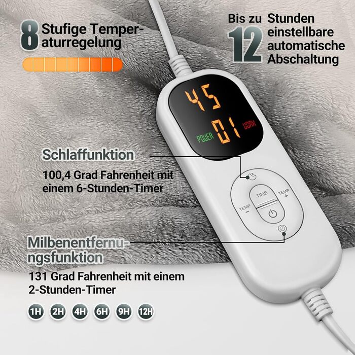 Електрична ковдра з автовимкненням 130x180 см, 8 режимів нагріву, таймер 12 годин, пральна машина, флісова ковдра для ліжка, дивана, офісу (темно-сірий)