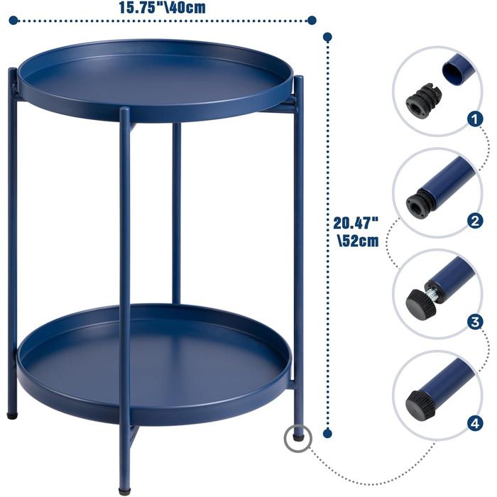 Круглий журнальний столик HollyHOME, 2 яруси, металевий піднос, столик для закусок, журнальний столик, балкон, відкритий, темно-синій