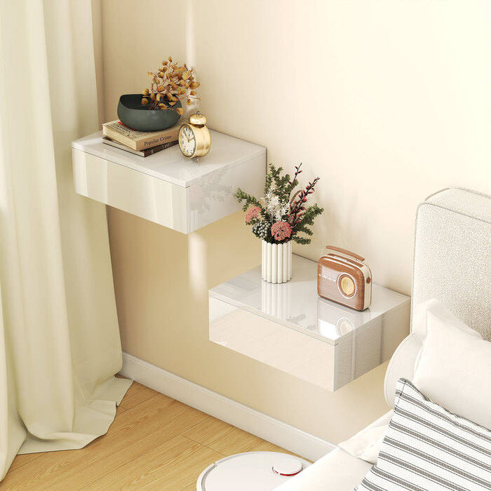 Набір з двох приліжкових тумбочок, настінне кріплення, з висувним ящиком, для спальні, ДСП, білий