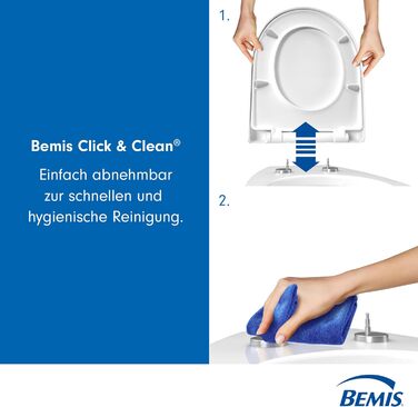 Сидіння для унітазу Bemis Click&Clean Механізм м'якого закриття Очищення з оптимальною гігієною завдяки запатентованій системі знімання Проста установка зверху Антибактеріальне Білий Плоский, витончений дизайн (D-подібна форма)