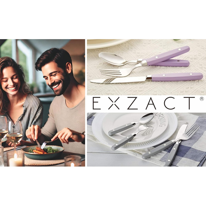 EXZACT Набір столових приборів 24 шт. з нержавіючої сталі, з ручками з заклепками/Столові прибори в ретро-стилі - 6 виделок, 6 ножів, 6 ложок, 6 чайних ложок - Рожевий