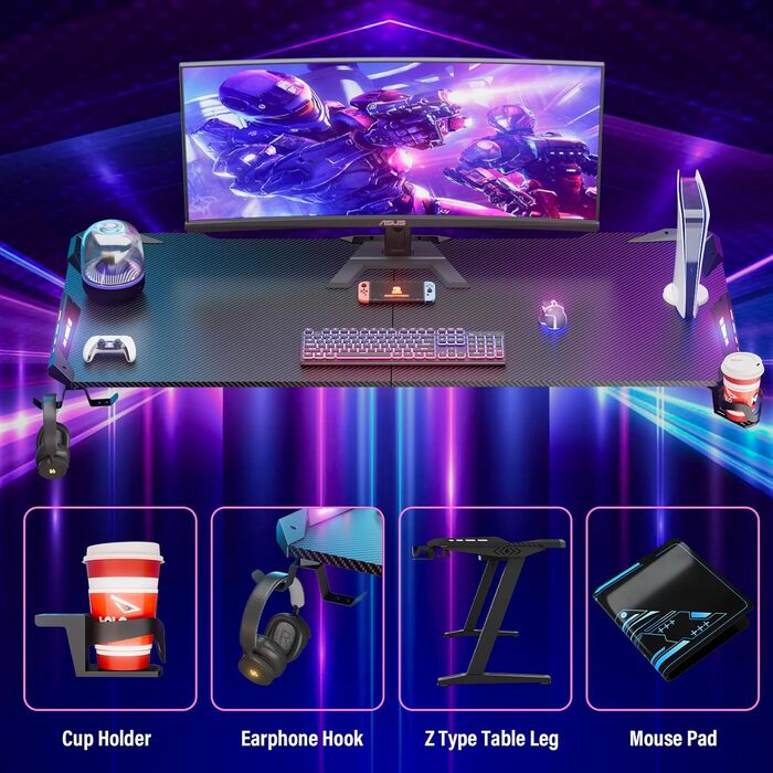 Ігровий стіл Himimi 160x70 см з LED-підсвічуванням, чорний, з коробкою для кабелів, тримачем для напоїв та гачком для навушників